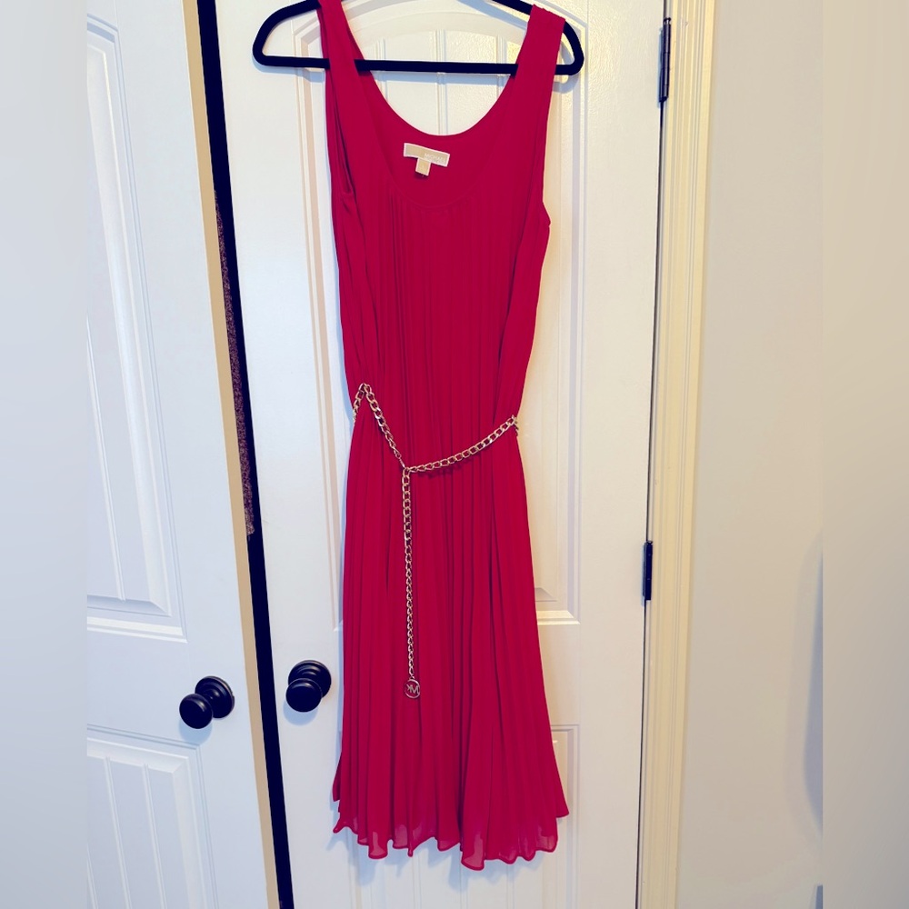 Michael Kors Red Pleated Midi Dress with Gold Chain Belt